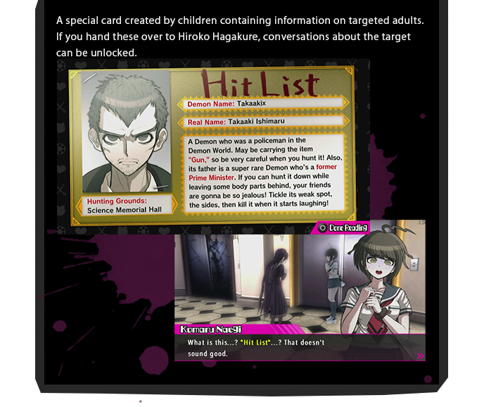 A special card created by children containing information on targeted adults. If you hand these over to Hiroko Hagakure, conversations about the target can be unlocked.